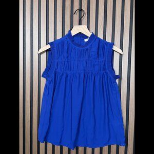 New Max Studio Blouse XS Blue Cobalt Ruched Front Sleeveless Ruffled Mock Neck